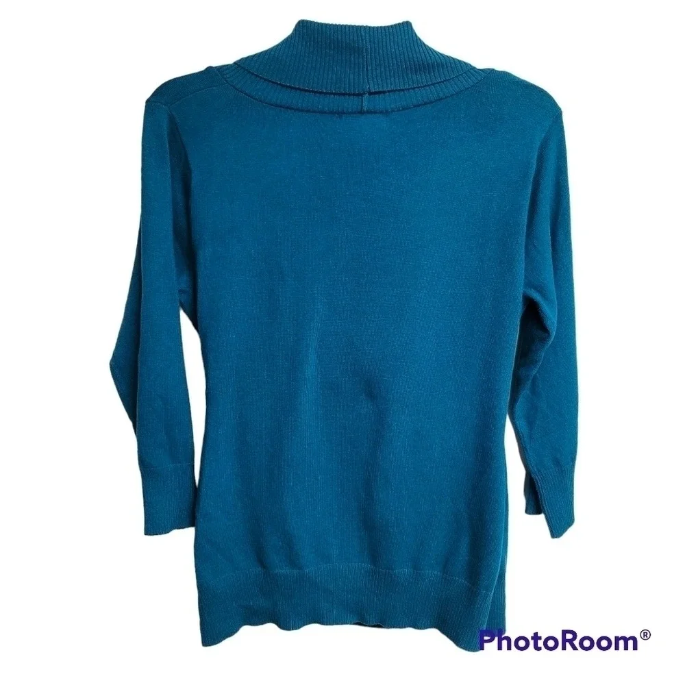 AB Studio Faux Wrap‎ V-neckline Blue-Green 3/4 Sleeve Knit Sweater Top Size M